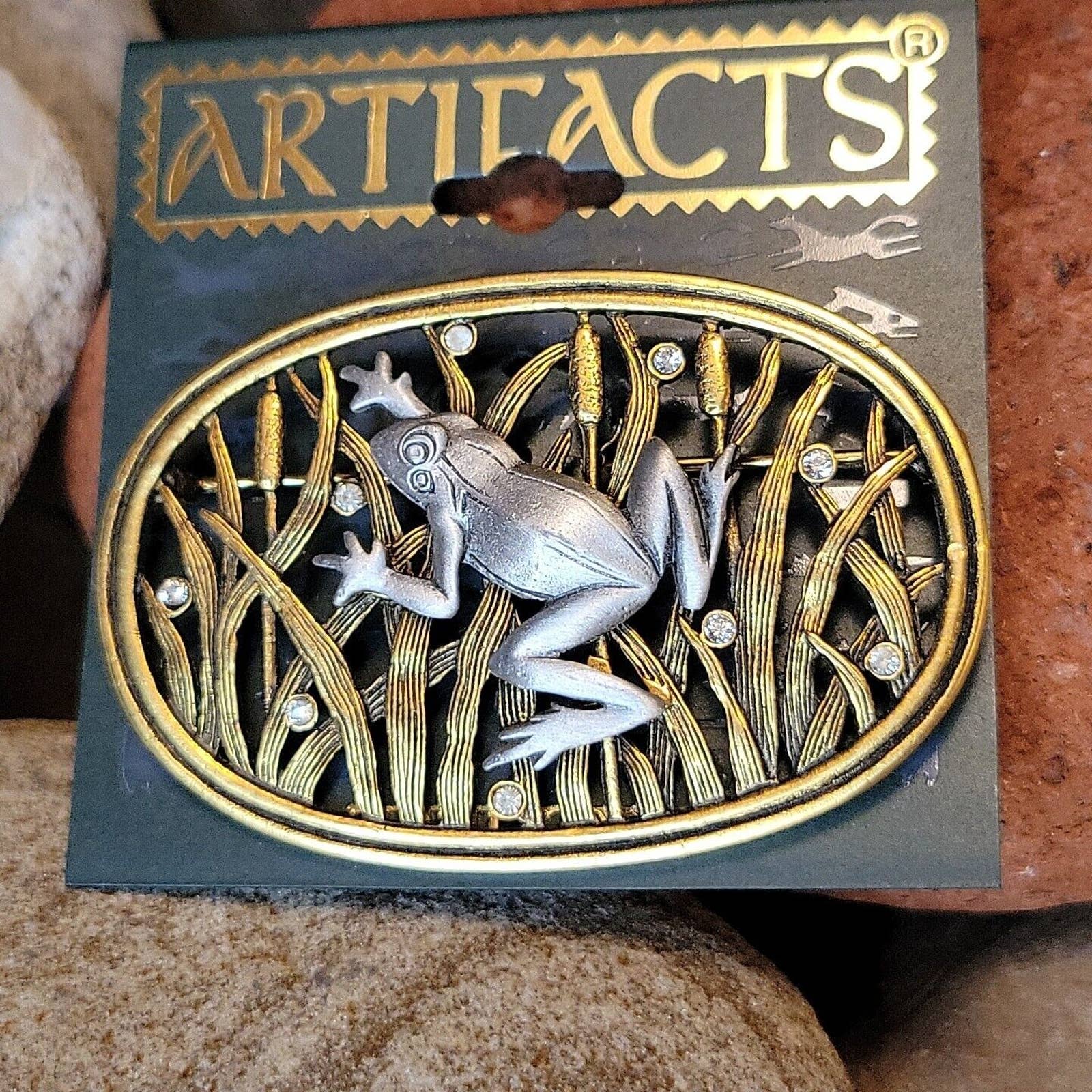 Jj Jonette Pin Brooch Silver-Gold Pewter Oval Frog Among Reeds W Crystals 18$